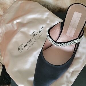 Pnina Tornai Black Satin Crystal-Embellished Slip-On Mule